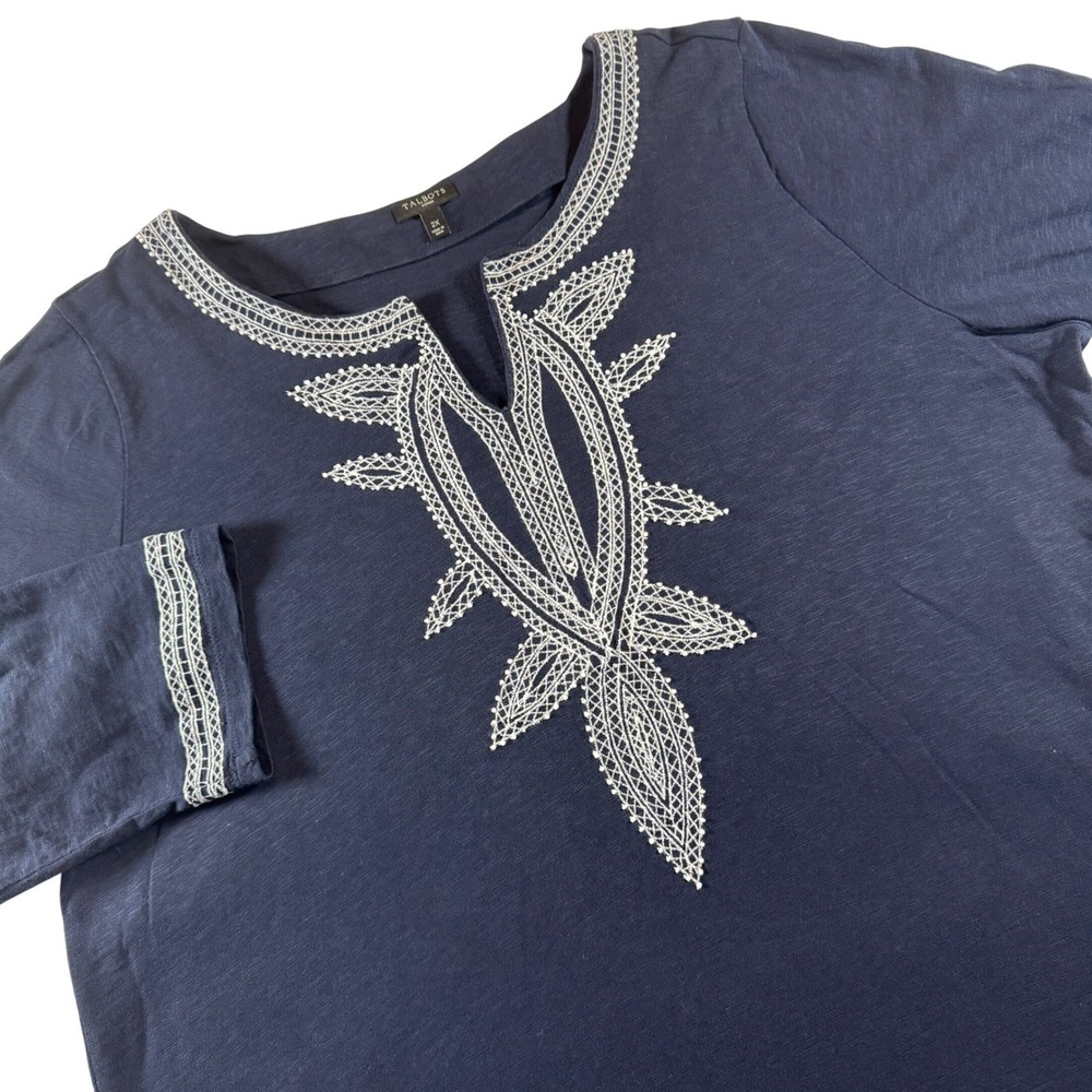 Talbots Tunic Women 2X Navy Blue Embroidered Beaded 3/4 Sleeve Cotton Top